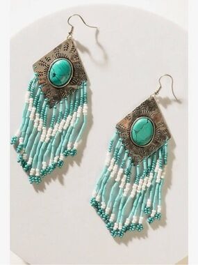 Myra Bag Streaming Starlight Turquoise and White Beaded Fringe Earrings